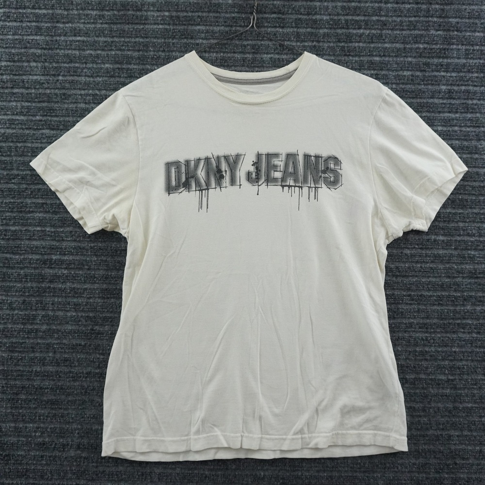 DKNY Jeans Graphic T-Shirt Mens M Cream Y2K Vintage‎ Drip Logo Short Sleeve